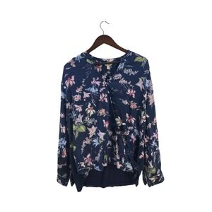 Terra & Sky Women 1X 16W - 18W Blue Floral Faux Wrap with Snap Blouse Top